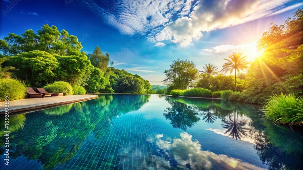 Serene Reflection of Water in a Pool with Lush Surroundings and Copy Space for Text Overlay Serene Reflection of Water in a Pool with Lush Surroundings and Copy Space for Text Overlay