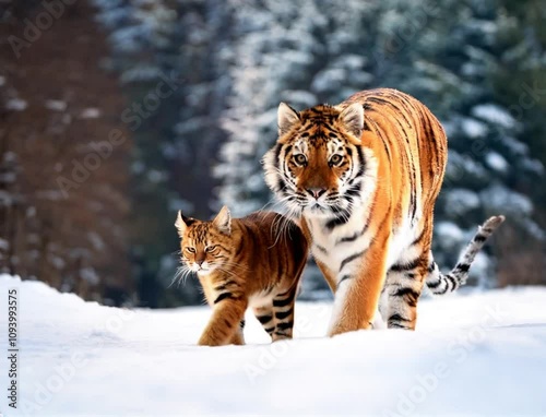 A cat walks with a siberian tiger in a snowy forest