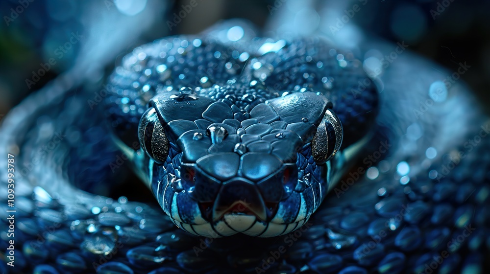 Close-up of a Blue Snake with Water Drops on its Scales Close-up of a Blue Snake with Water Drops on its Scales