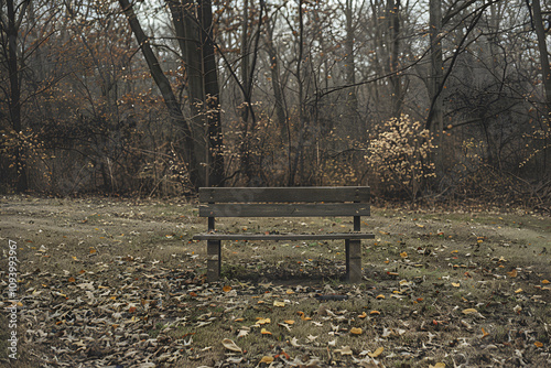 Lonely Abandoned Wooden Bench in Overgrown Park Reflecting Passage of Time and Isolation