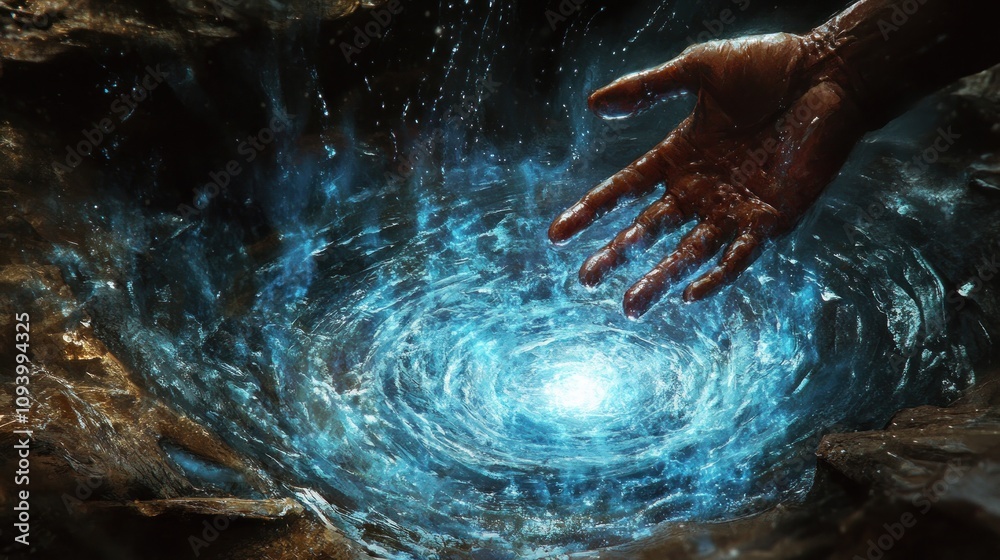 A hand reaches towards a swirling, luminous blue vortex, suggesting mystery and exploration. A hand reaches towards a swirling, luminous blue vortex, suggesting mystery and exploration.