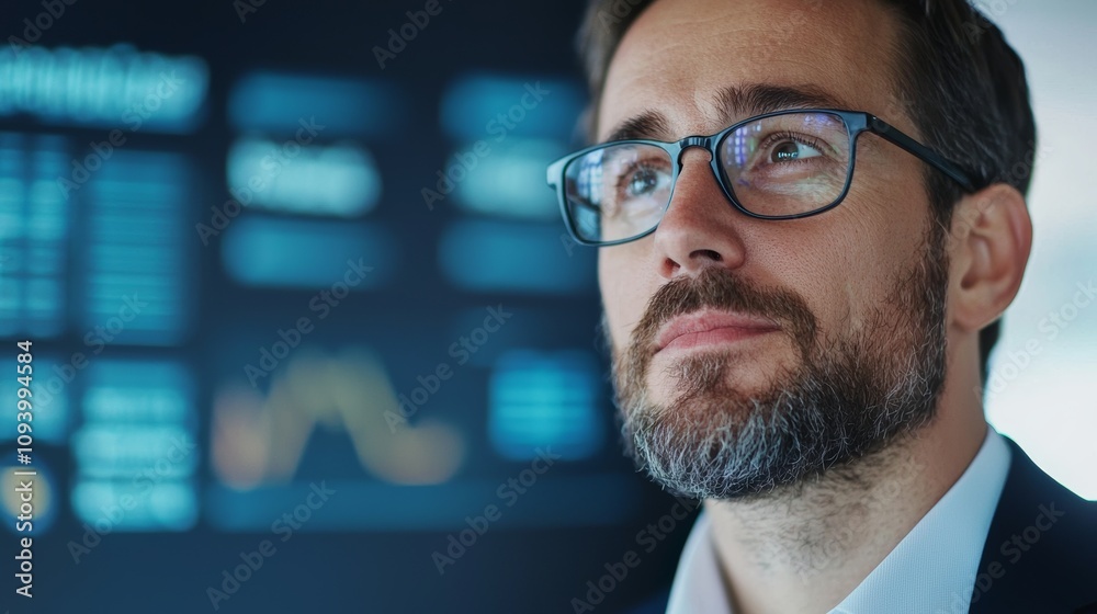 A focused professional with glasses and a beard contemplates data displayed on a screen, suggesting analysis or decision-making in a business environment. A focused professional with glasses and a beard contemplates data displayed on a screen, suggesting analysis or decision-making in a business environment.