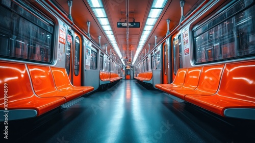 A vibrant subway interior showcasing orange seats and illuminated pathways.