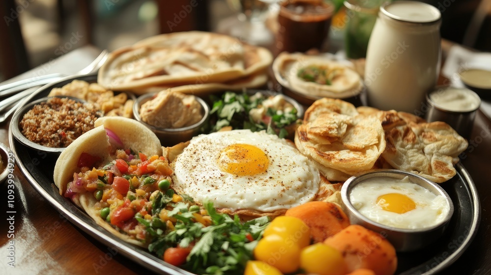 A platter of Middle Eastern food with hummus, pita bread, vegetables, and eggs. A platter of Middle Eastern food with hummus, pita bread, vegetables, and eggs.