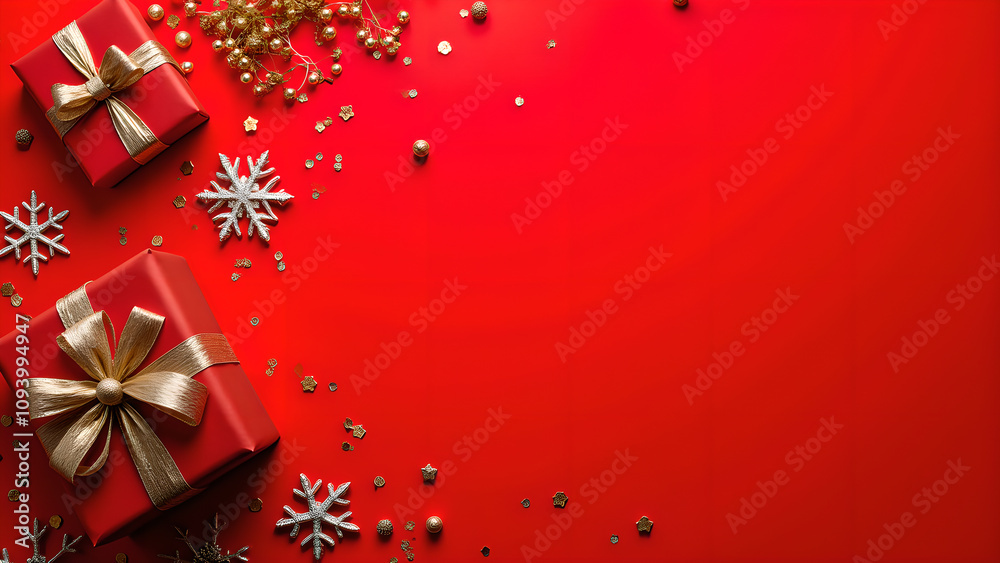 Red Christmas Gift Boxes with Gold Ribbon and Decorations. Concept of Holiday Celebration. Red Christmas Gift Boxes with Gold Ribbon and Decorations. Concept of Holiday Celebration.