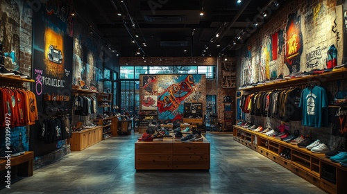 Trendy retail store interior with colorful street art murals, wooden shelving displaying apparel and footwear, and a central display area.