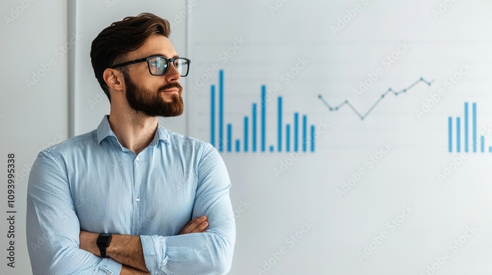 A thoughtful man with glasses stands confidently, reflecting on data charts and analytics displayed on a wall behind him. A thoughtful man with glasses stands confidently, reflecting on data charts and analytics displayed on a wall behind him.