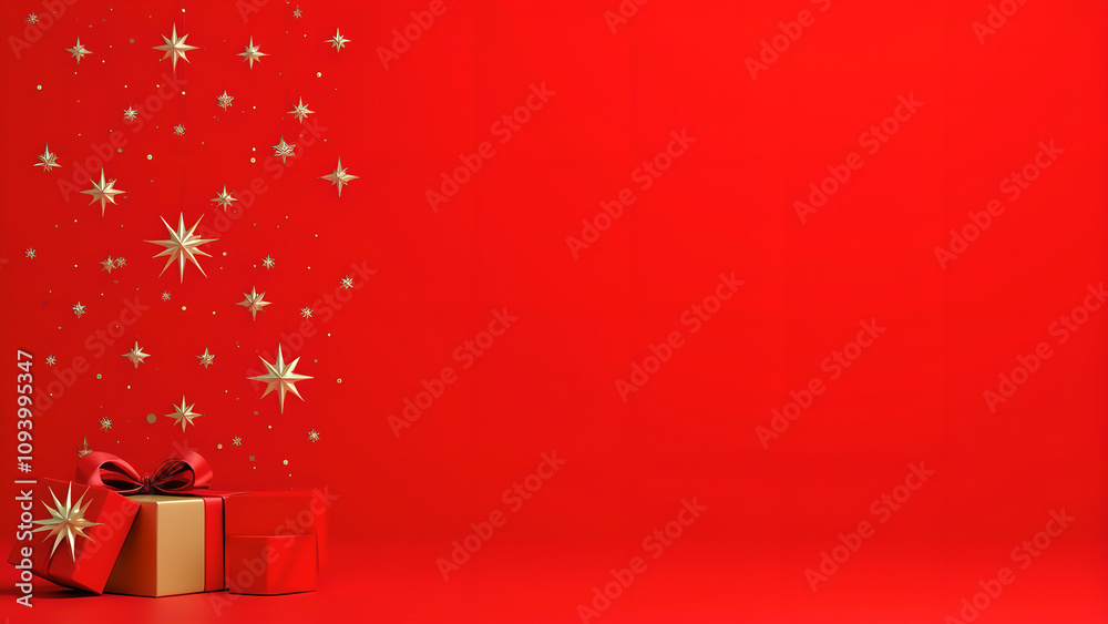 Red background with golden gift box and stars. Christmas or birthday concept.