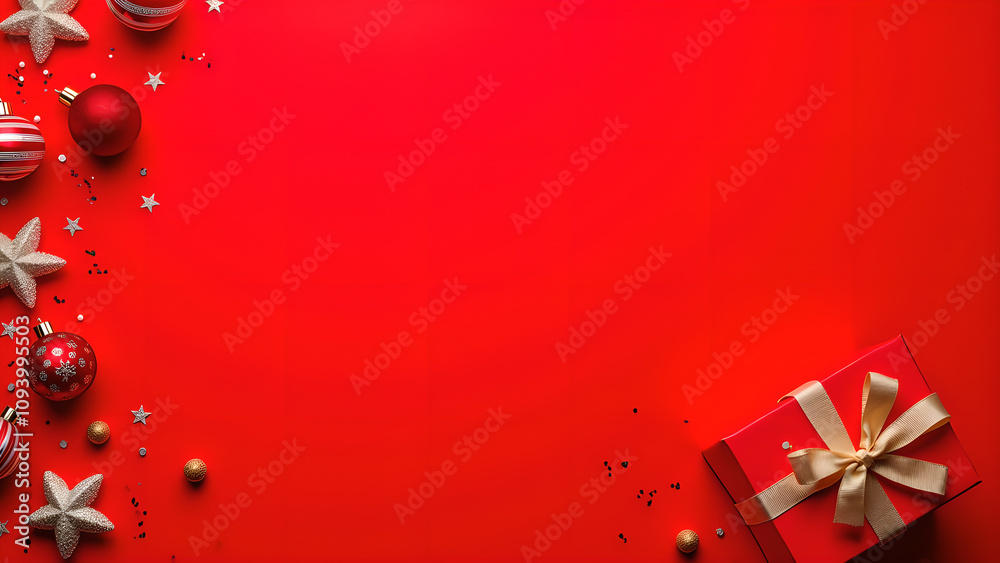 Obraz premium Christmas red background with gift box and ornaments. Concept of celebration, winter holidays, and festive season.