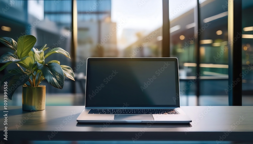 Modern office with laptop on table, next to it is a cup of coffee, notebook with pen. Modern office with laptop on table, next to it is a cup of coffee, notebook with pen.