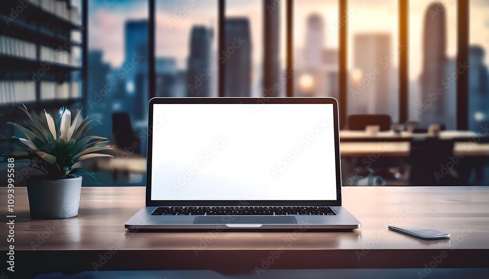Modern office with laptop on table, next to it is a cup of coffee, notebook with pen. Modern office with laptop on table, next to it is a cup of coffee, notebook with pen.