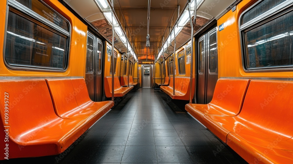 An empty subway train interior with bright orange seating and reflective surfaces. An empty subway train interior with bright orange seating and reflective surfaces.