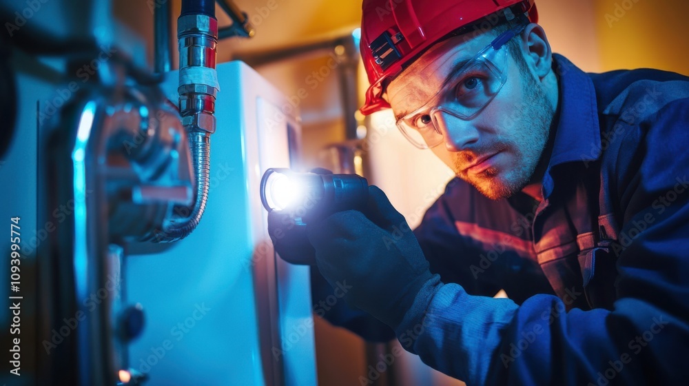 Fototapeta premium Professional engineer inspecting a home boiler, wearing safety