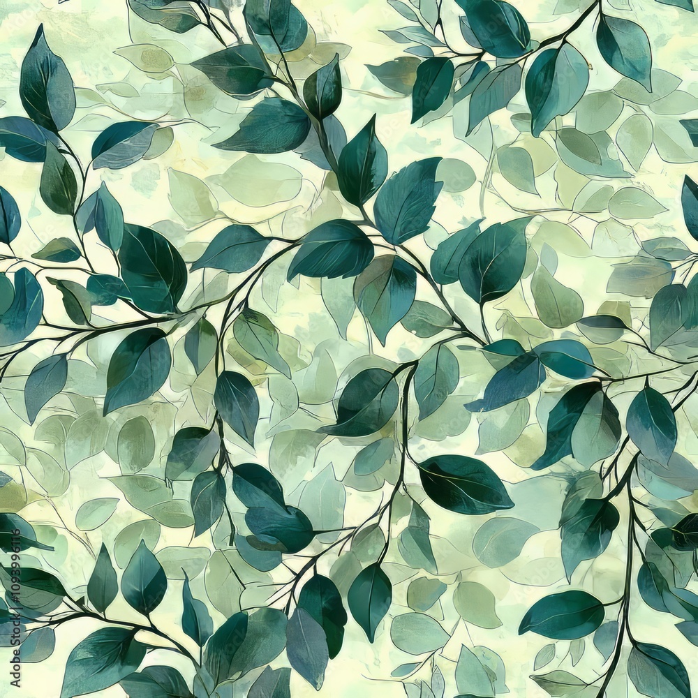 Seamless pattern of cascading vines and leaves with subtle textures and natural greens Seamless pattern of cascading vines and leaves with subtle textures and natural greens