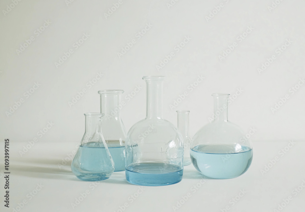 A photo of four different glass beakers filled with light blue liquid, arranged on the right side against a white background A photo of four different glass beakers filled with light blue liquid, arranged on the right side against a white background