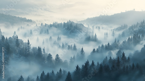 Frosty landscapes shrouded in light morning mist, with hazy views of a distant forest under a cold sky. 