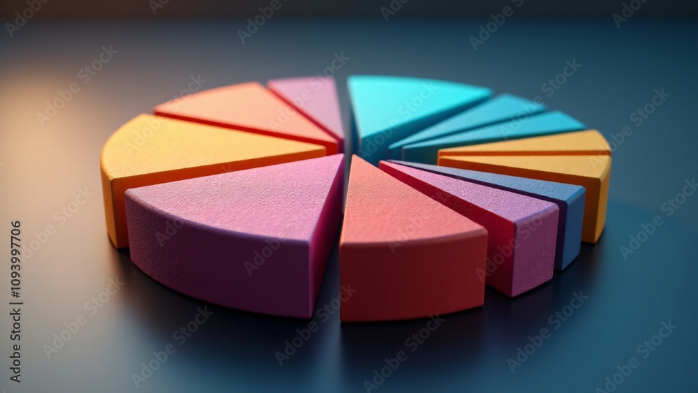 Obraz premium Vivid, textured pie chart slices in various colors arranged on a reflective surface, surrounded by scattered sprinkles, symbolizing data visualization, creativity, and fun design concepts.