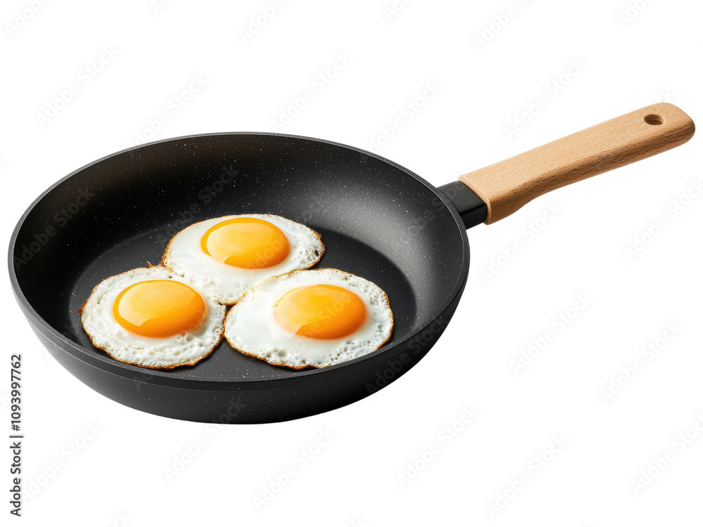 Freshly Cooked Eggs in a Black Non-Stick Frying Pan with Wooden Handle Perfect for Breakfast or Culinary Presentation in a Modern Kitchen Setting Freshly Cooked Eggs in a Black Non-Stick Frying Pan with Wooden Handle Perfect for Breakfast or Culinary Presentation in a Modern Kitchen Setting