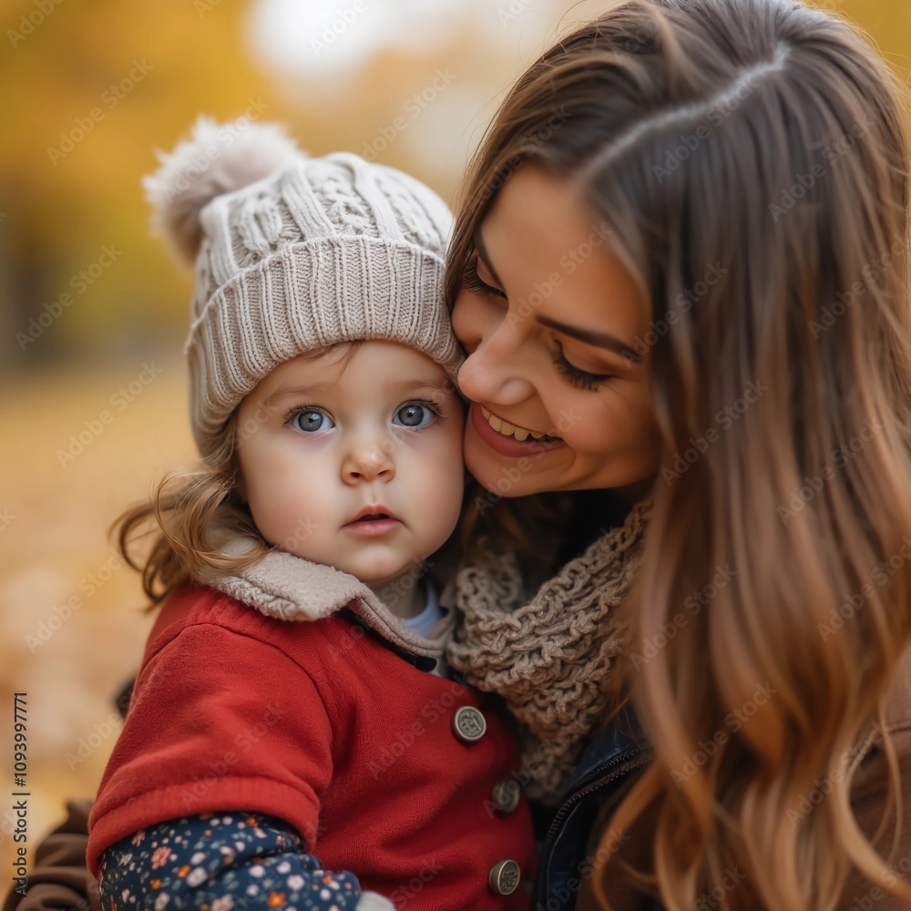 Close-up photo of a toddler girl with her mother in an autumn setting Close-up photo of a toddler girl with her mother in an autumn setting