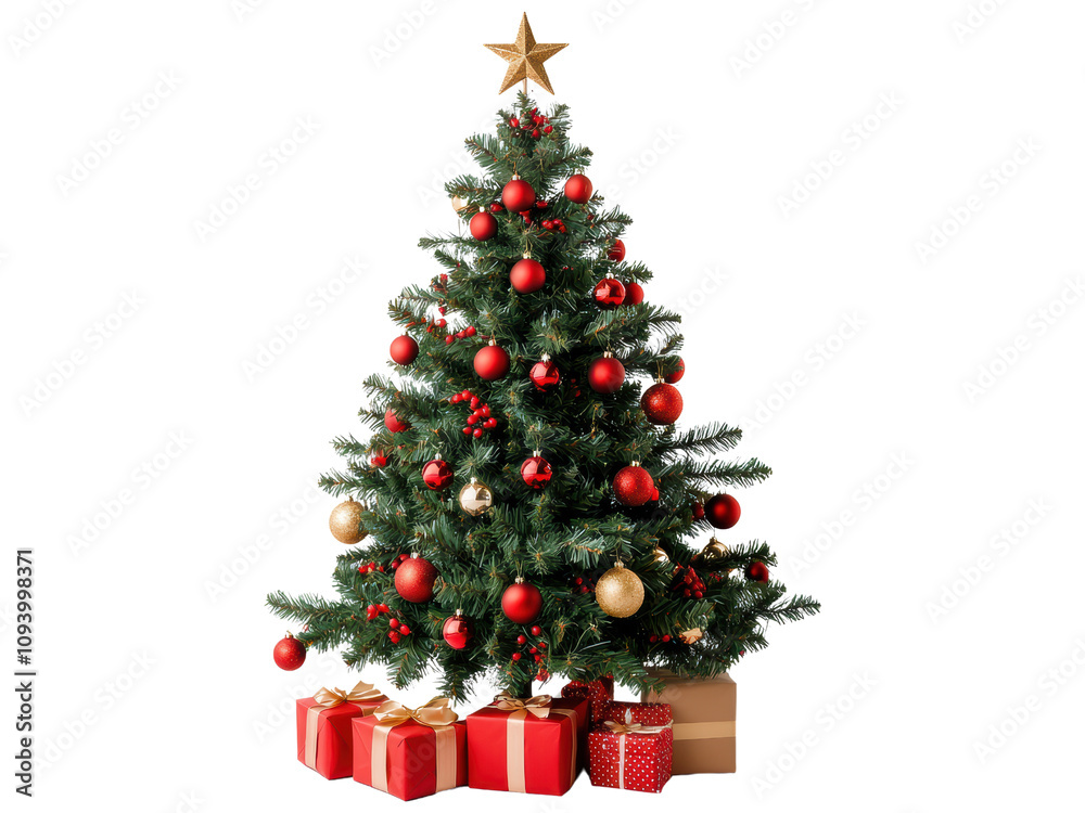 Festive Christmas Tree Decorated with Red and Gold Ornaments Surrounded by Colorful Wrapped Presents for the Holiday Season Festive Christmas Tree Decorated with Red and Gold Ornaments Surrounded by Colorful Wrapped Presents for the Holiday Season