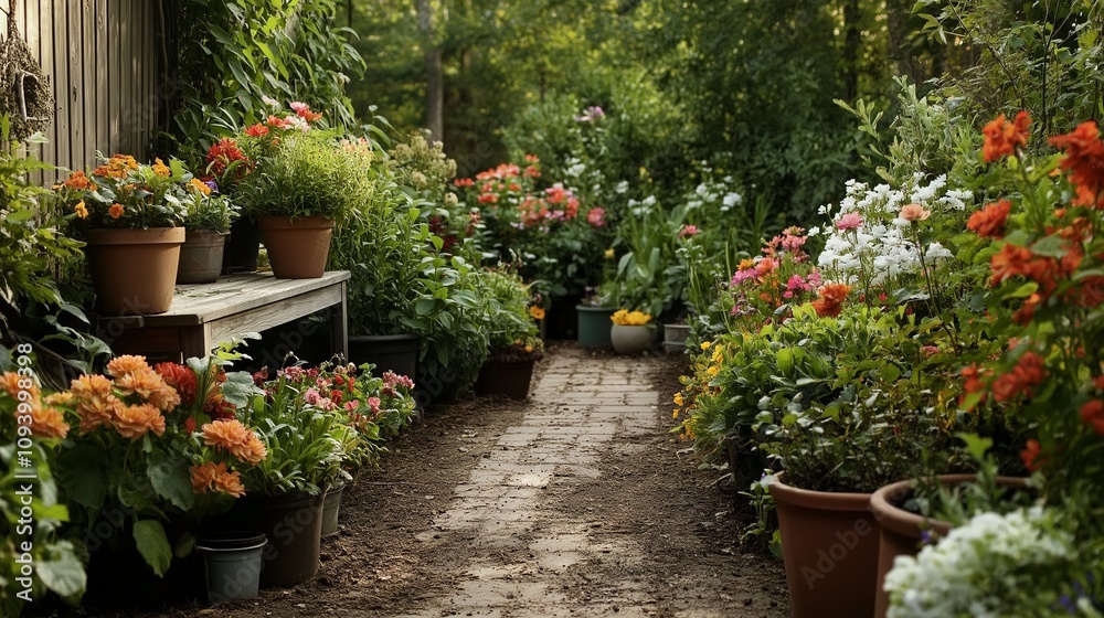 Colorful Garden Pathway Surrounded by Flowers Colorful Garden Pathway Surrounded by Flowers