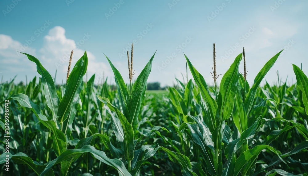 Obraz premium Lush green cornfield stretching under a bright blue sky, showcasing healthy crops in a rural agricultural setting.