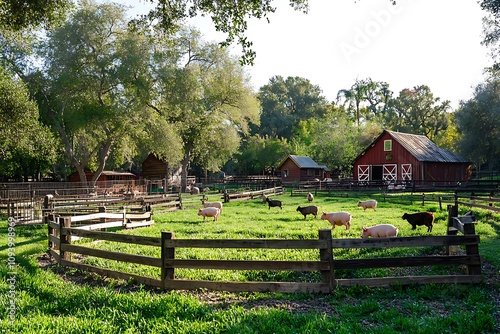 Peaceful Farm Animals Grazing Serene Pasture Sunlight, Idyllic Rural Scene with Barns