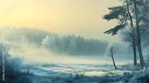 Frosty landscapes shrouded in light morning mist, with hazy views of a distant forest under a cold sky. 