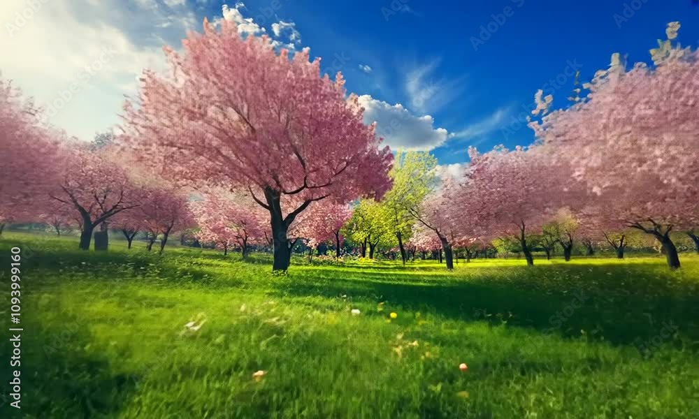 A serene landscape featuring blooming cherry blossom trees in a vibrant green meadow. A serene landscape featuring blooming cherry blossom trees in a vibrant green meadow.