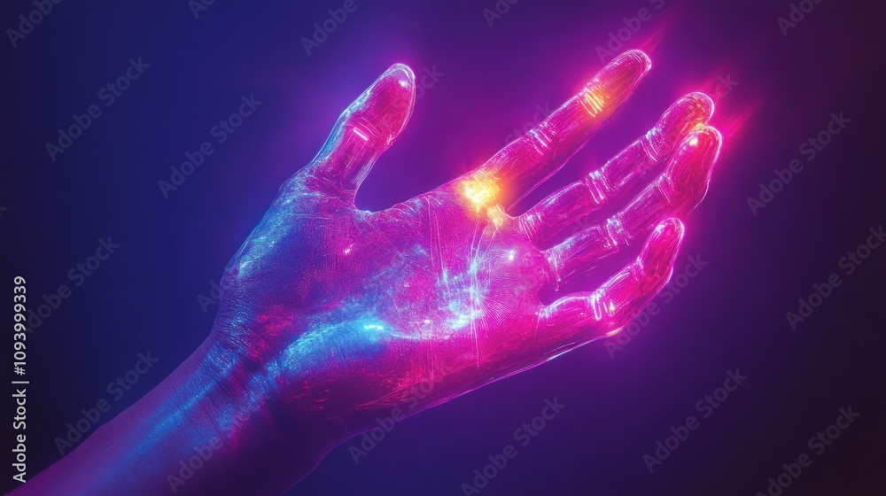 A glowing, futuristic hand with vibrant colors, symbolizing technology and innovation. A glowing, futuristic hand with vibrant colors, symbolizing technology and innovation.