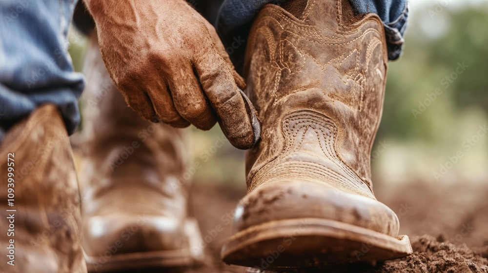 Close-Up of Weathered Cowboy Boot Being Adjusted by Hand in Rustic Outdoor Setting, Perfect for Capturing the Essence of Western Lifestyle and Agriculture Close-Up of Weathered Cowboy Boot Being Adjusted by Hand in Rustic Outdoor Setting, Perfect for Capturing the Essence of Western Lifestyle and Agriculture