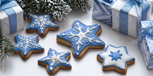 An elegant blue and white New Year's-themed scene with star-shaped cookies, Christmas tree decorations, generative AI