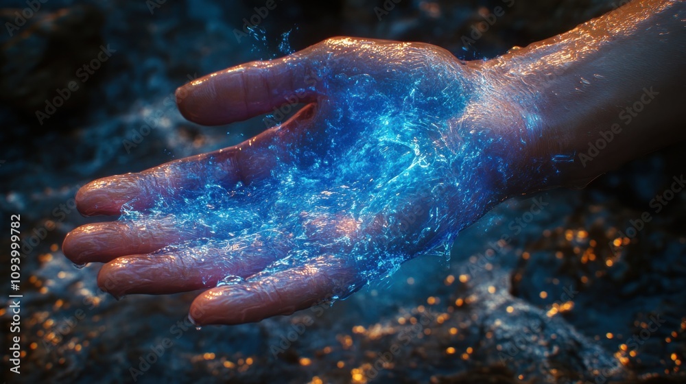 Fototapeta premium A glowing blue energy forms in an open hand, suggesting a connection to nature or magic.