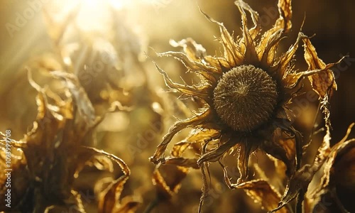 A close-up of withered sunflowers illuminated by warm sunlight.