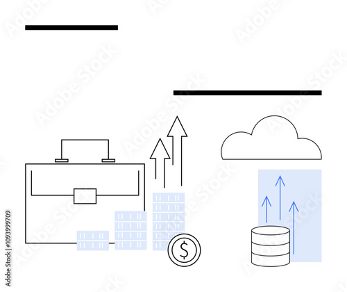 Briefcase accompanied by rising financial graphs, coin, cloud icon, and data stack illustrating business growth, cloud technology, and financial success. Ideal for business, finance, tech data