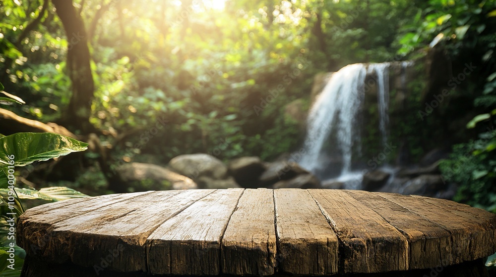 Waterfall with empty table top old wood podium outdoor in tropical forest greenery blurred background.Organic healthy natural product present placement pedestal counter display, Waterfall with empty table top old wood podium outdoor in tropical forest greenery blurred background.Organic healthy natural product present placement pedestal counter display,