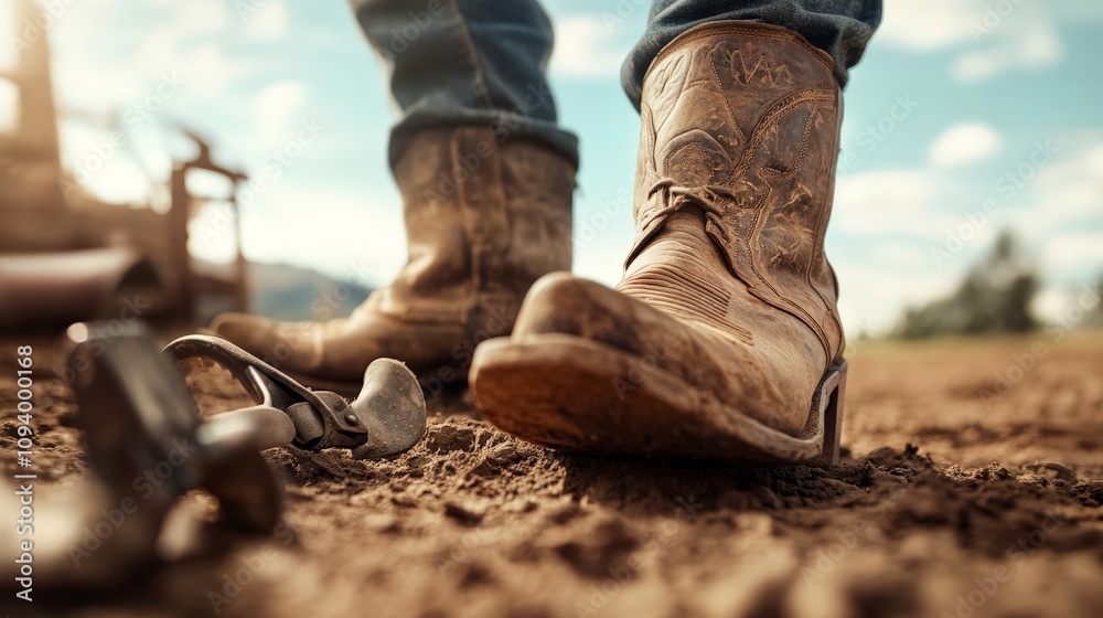 Close-Up of Worn Out Western Cowboy Boots on Outdoor Ground with Farm Equipment in the Background Showing Rural Lifestyle and Culture