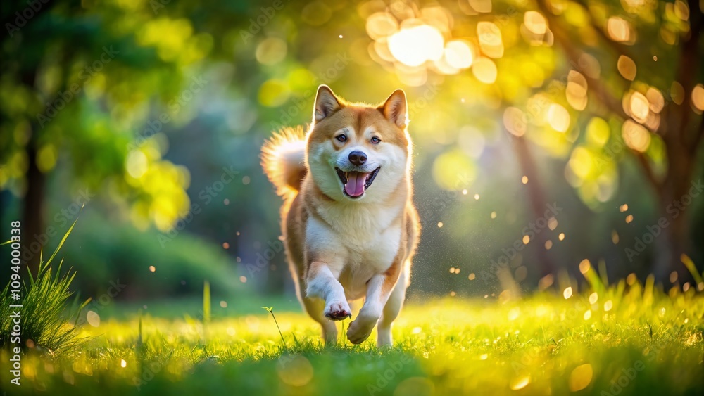 Shiba Inu Joyfully Running on a Lush Green Lawn with a Beautiful Bokeh Effect Capturing the Essence of Playfulness and Nature's Splendor in a Vibrant Setting Shiba Inu Joyfully Running on a Lush Green Lawn with a Beautiful Bokeh Effect Capturing the Essence of Playfulness and Nature's Splendor in a Vibrant Setting