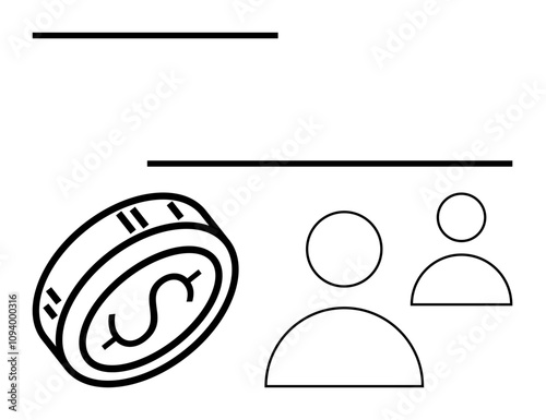 Coin with dollar sign, two simplified human figures and horizontal lines. Ideal for finance, business, teamwork, currency, economics, partnerships and money management. Line metaphor