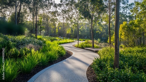 A green urban pathway where pedestrians and cyclists coexist in harmony surrounded by native plants