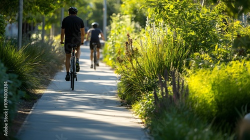 A green urban pathway where pedestrians and cyclists coexist in harmony surrounded by native plants