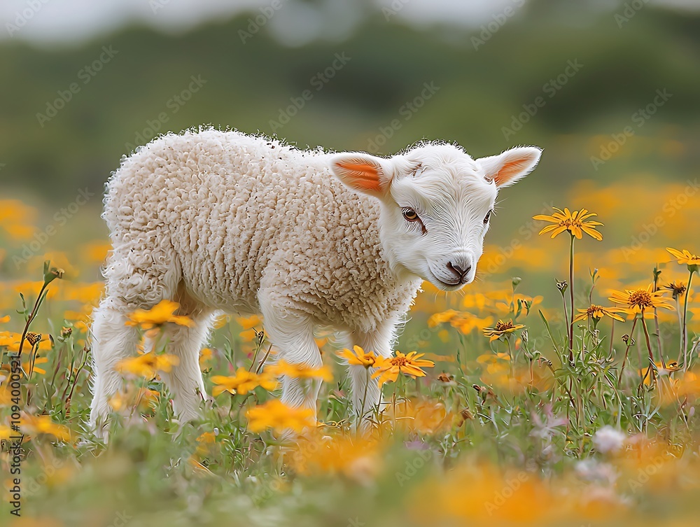 Adorable Lamb Stands in Vibrant Yellow Flowers Meadow Adorable Lamb Stands in Vibrant Yellow Flowers Meadow