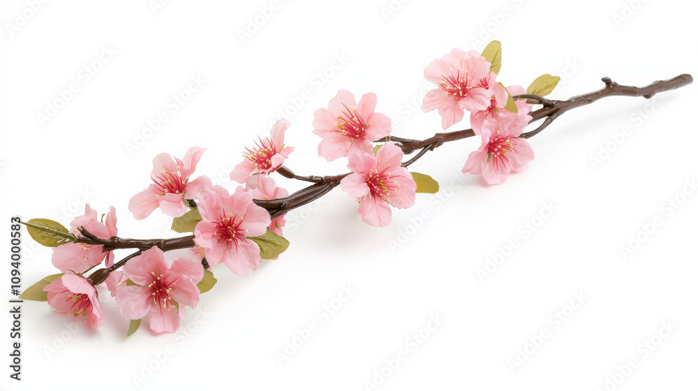 single cherry blossom branch with pastel pink flowers and green leaves, symbolizing beauty and renewal, perfect for spring decor single cherry blossom branch with pastel pink flowers and green leaves, symbolizing beauty and renewal, perfect for spring decor