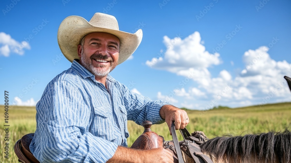 Fototapeta premium Happy cowboy riding on a horse in a lush green field under a blue sky with fluffy white clouds, showcasing the joy of outdoor life and rural culture.