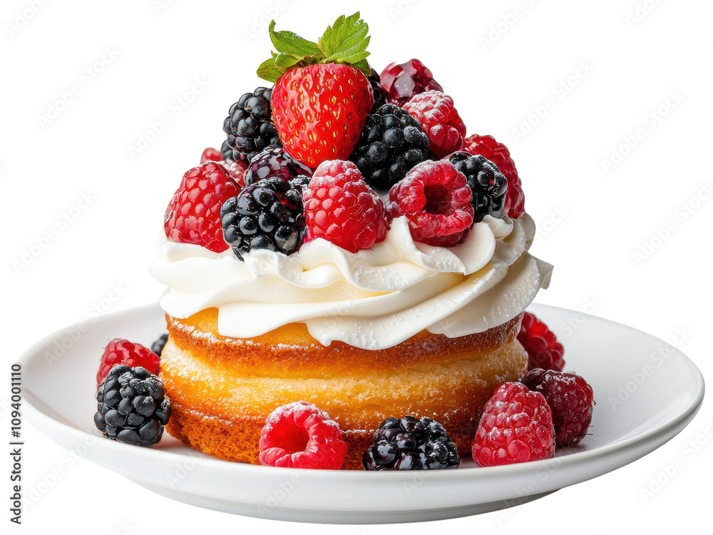Delicious and Decadent Layered Cake with Fresh Berries and Cream on a Plate, Perfect for Dessert Lovers and Special Occasions Delicious and Decadent Layered Cake with Fresh Berries and Cream on a Plate, Perfect for Dessert Lovers and Special Occasions