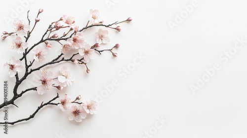 single cherry blossom branch with delicate pastel pink flowers, showcasing beauty of spring. soft colors and elegant design evoke sense of tranquility and renewal