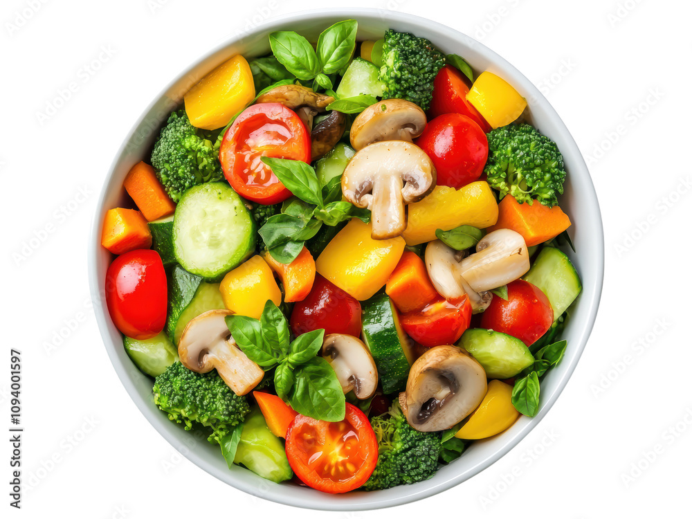 Fresh and Colorful Vegetable Salad with Tomatoes, Cucumbers, Broccoli, Bell Peppers, and Mushrooms Topped with Aromatic Basil Leaves for Healthy Eating Fresh and Colorful Vegetable Salad with Tomatoes, Cucumbers, Broccoli, Bell Peppers, and Mushrooms Topped with Aromatic Basil Leaves for Healthy Eating