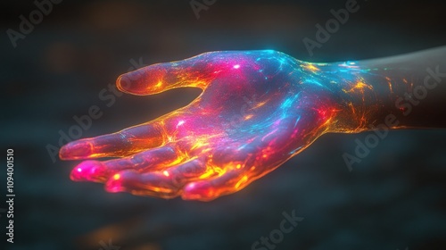 A glowing, cosmic hand reaching out, symbolizing connection and creativity.