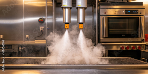 Fire alarm detection and response concept. Fire sprinkler activation test in commercial kitchen with steam