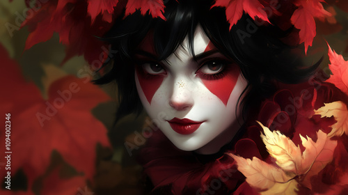 Painted Face: Fantasy Art Nouveau Portrait of a Girl with Black Hair and Red Maple Leaves